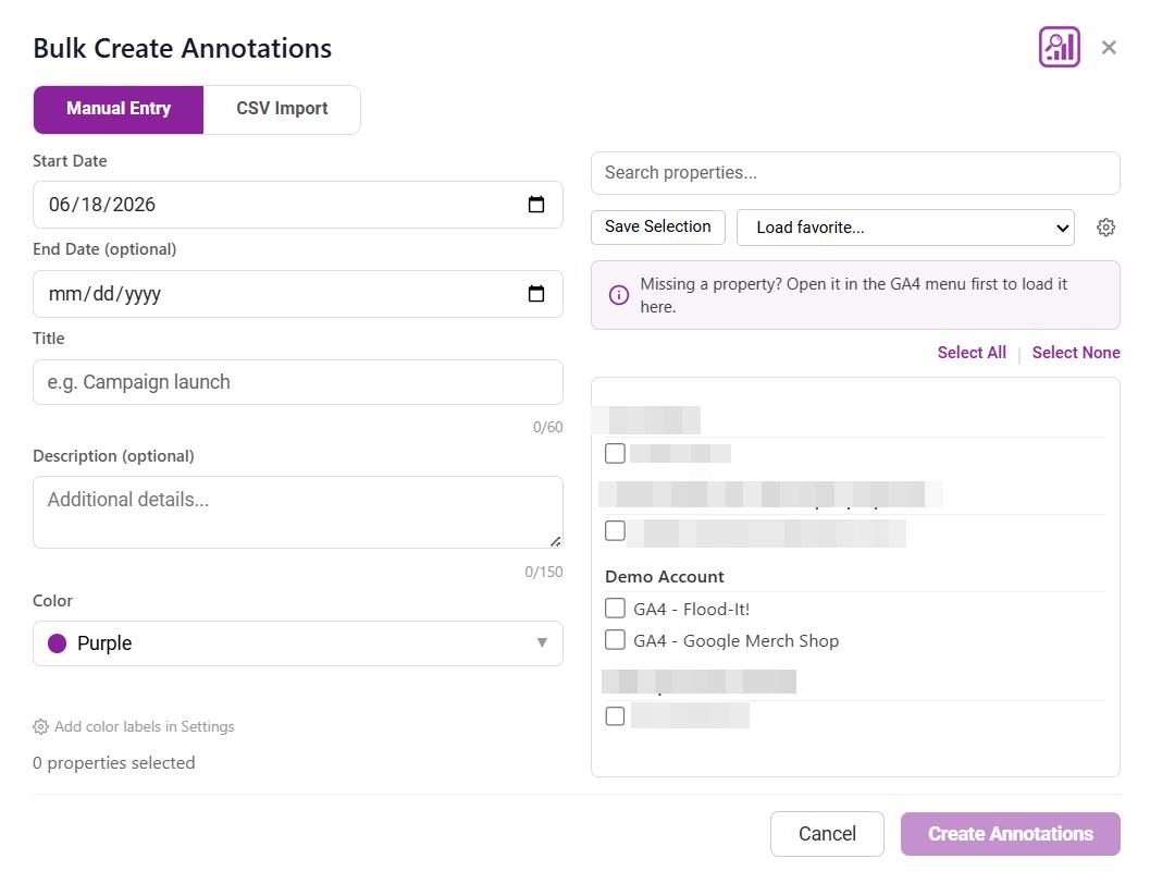 Bulk Annotations modal showing property selection and annotation creation across multiple GA4 properties