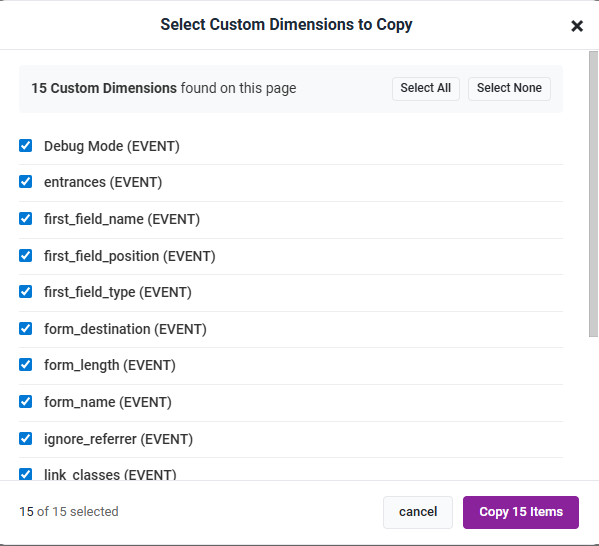 The GA4 custom definitions page showing the Copy and Paste buttons added by the GA4 Optimizer extension.