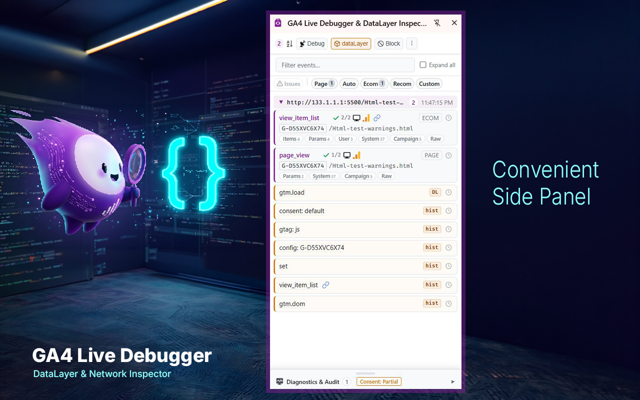 GA4 Live Debugger convenient side panel interface showing structured dataLayer and network hits