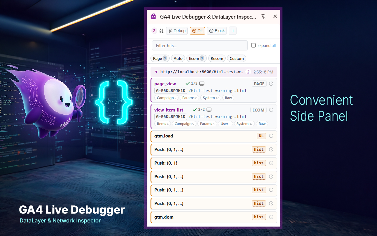 GA4 Live Debugger showing real-time hit feed with event parameters