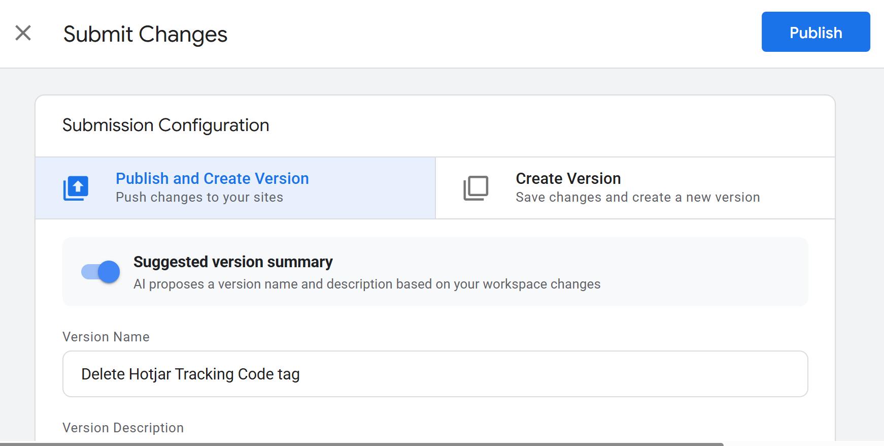 Google Tag Manager suggested version summary AI toggle