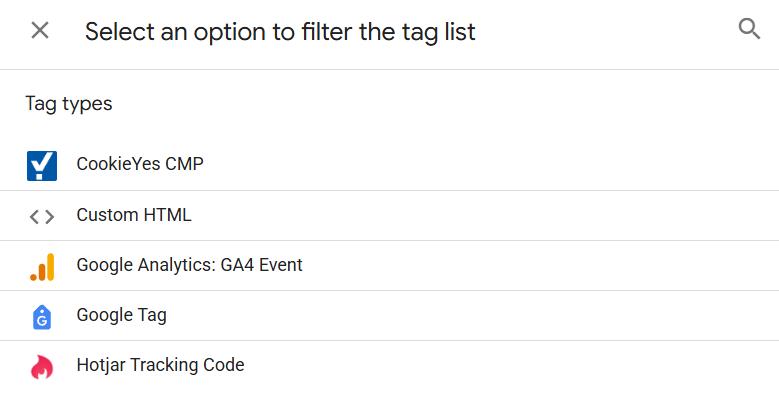 New native filter button next to the search bar in Google Tag Manager